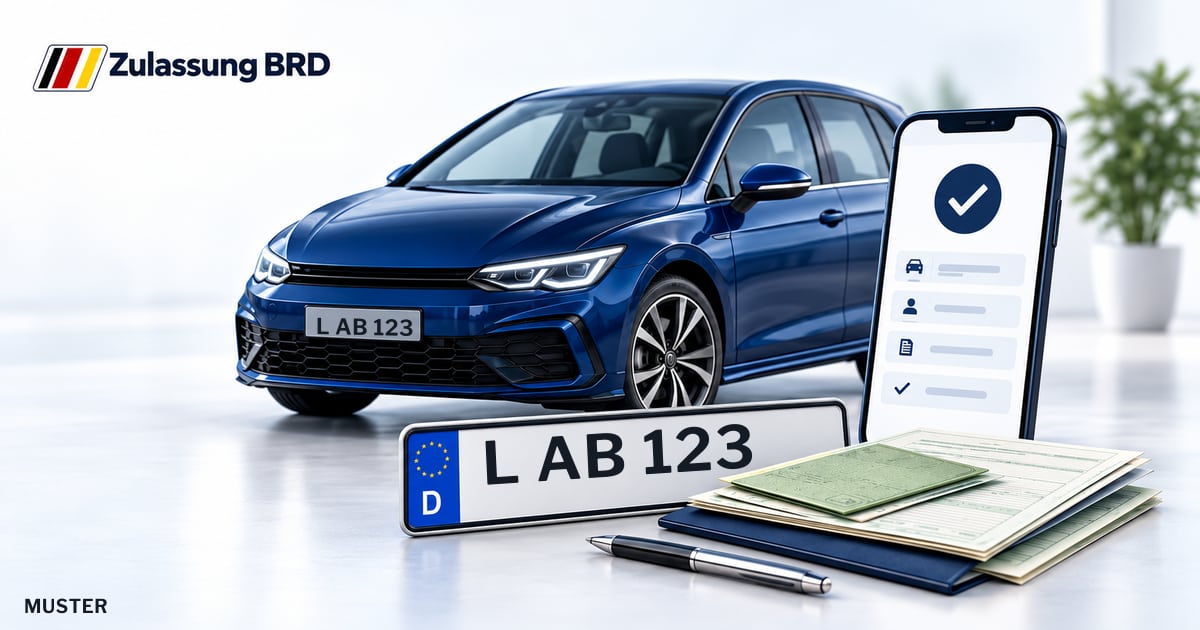 Online Fahrzeugzulassung in Grimma: Musterkennzeichen L AB 123, Auto und Fahrzeugpapiere und Smartphone. Illustration mit Logo von Zulassung BRD.